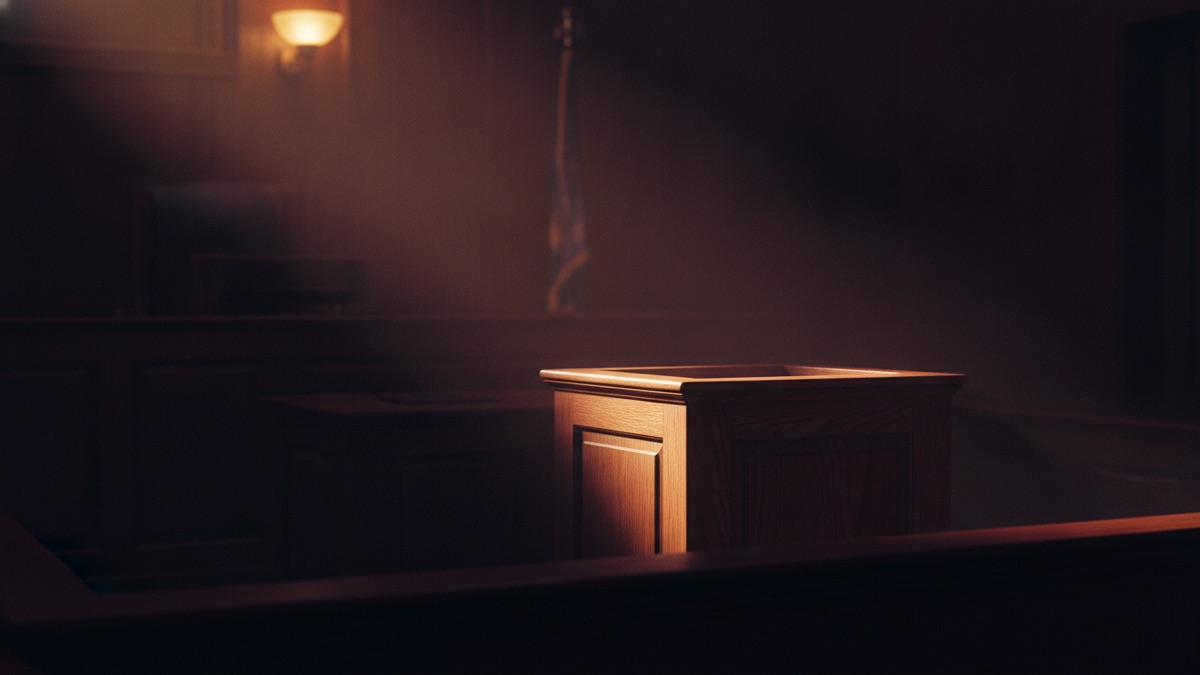 An empty witness box in a wood-panelled courtroom, late afternoon light falling across a single bound exhibit left on the ledge