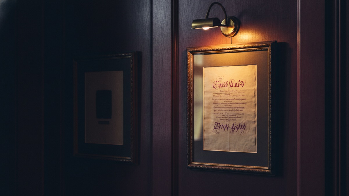 Two framed professional certificates hanging on a panelled office wall, one a little lower than the other, lit from a window off to the side
