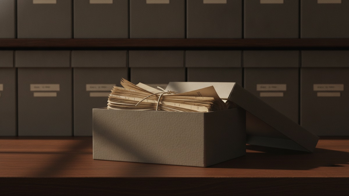 A photograph of a courthouse records room shelf holding gray archive boxes, one pulled forward with its lid off and a bundle of account statements inside