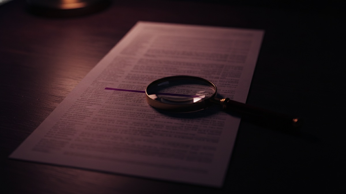 A stack of bank statements fanned across a dark table under a desk lamp, one column of figures marked in pencil