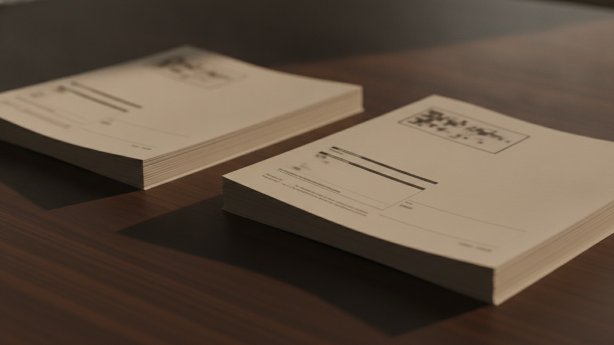 Two open vendor files side by side on a table, printed address blocks visible near the top of each page