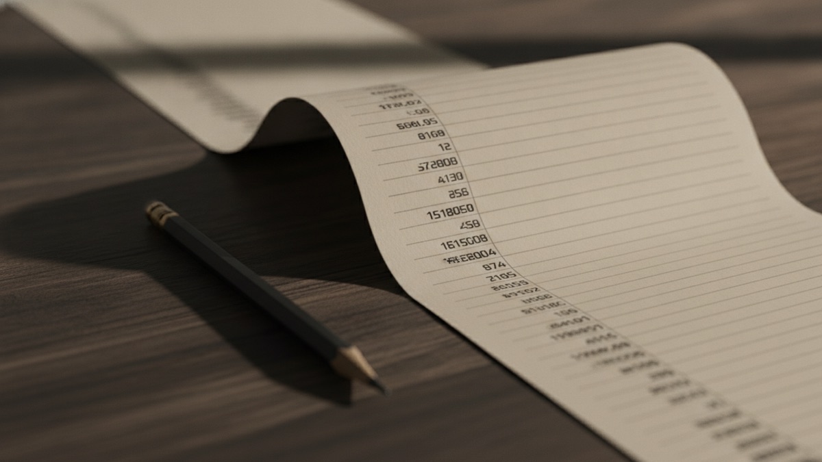 A long paper bank statement lying on a desk beside a pencil, the running balance column visible down the right-hand edge