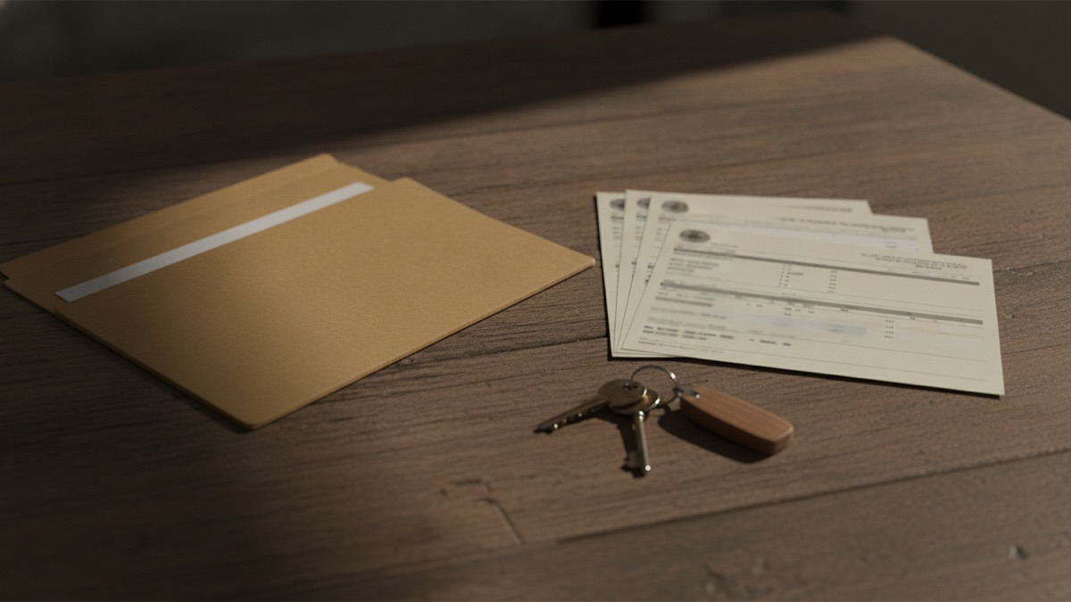 A photograph of a kitchen table with a manila folder open on it, deed and bank paperwork fanned out beside a set of house keys