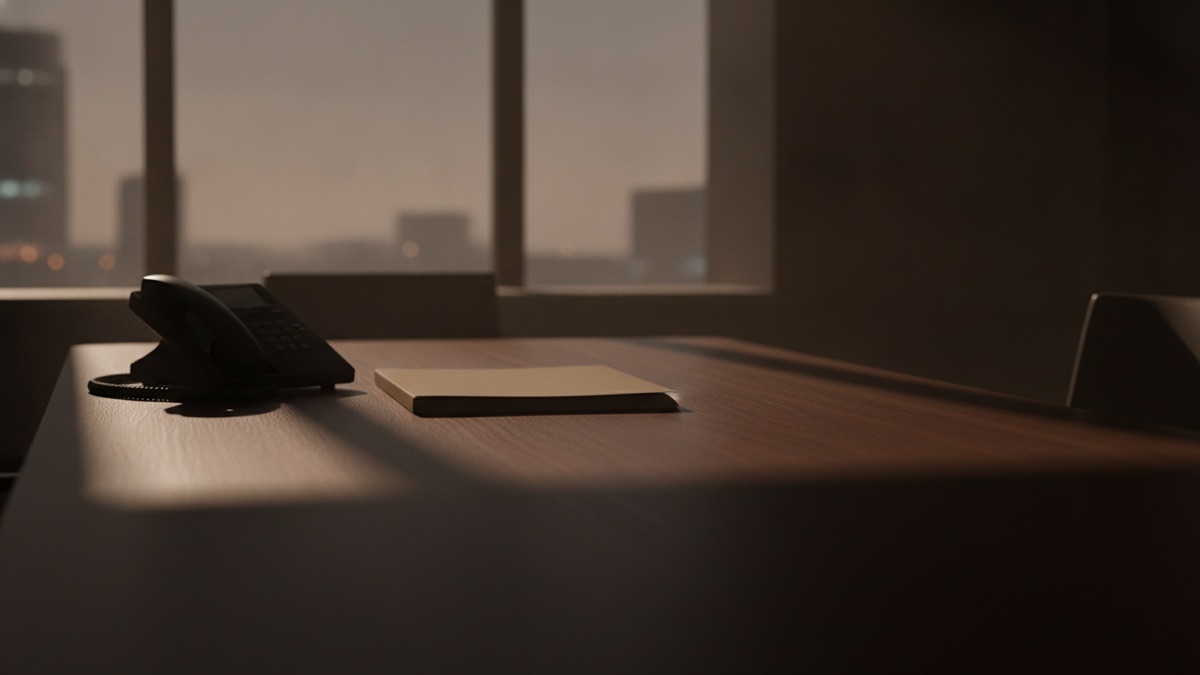 An empty boardroom table at night with a single desk phone and a closed folder, lit by the window behind it