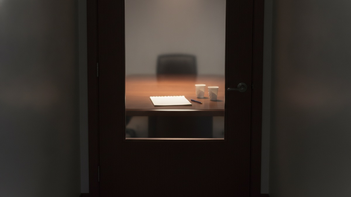 A closed conference room door seen from an empty hallway, with a legal pad, a pen and two paper cups visible on the table through the glass