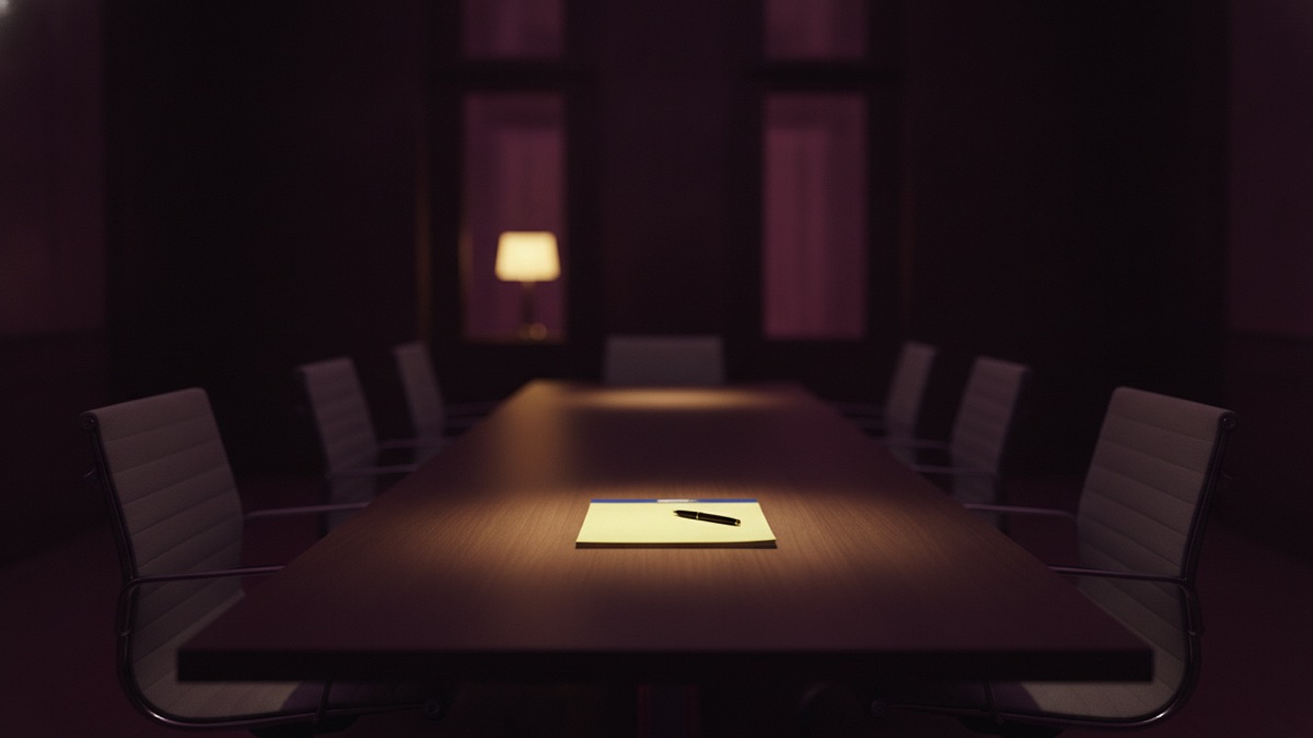 Two unopened engagement letters lying side by side on a long boardroom table, a single pen between them