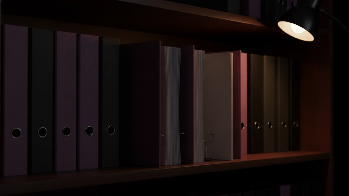 A row of bound audit working-paper binders on a boardroom credenza, one lying open with pencil tick marks running down a column of figures